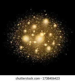 Gold powder particles explosion. Glitter burst with golden texture. Golden color dust splash for fashion background, luxury wallpaper, for posters, postcards.  Powdered vivid gold on black background.