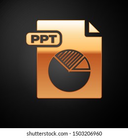 Gold PPT file document. Download ppt button icon isolated on black background. PPT file presentation.  Vector Illustration