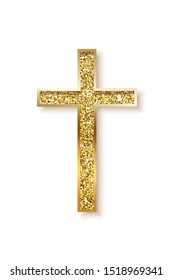 Gold prayer cross realistic vector illustration. Luxurious jewelry, elegant accessory. Precious metal jewel on white background. Christian faith, catholic religion symbol