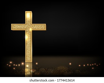 Gold prayer cross realistic vector illustration. Precious metal jewel on black background. Christian faith, catholic religion symbol