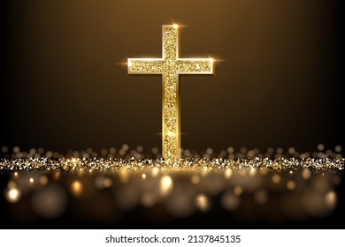 Gold prayer cross realistic vector illustration. Luxurious jewelry, elegant accessory under golden glitter rain. Precious metal jewel on black background. Christian faith, catholic religion symbol