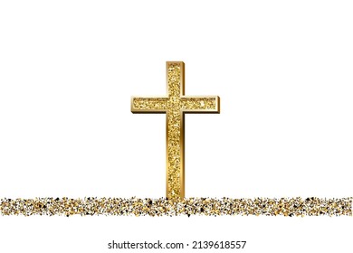 Ilustración vectorial de la oración dorada. joyería de lujo, accesorio elegante bajo la lluvia dorada de brillo. Preciosa joya de metal sobre fondo blanco. Religión cristiana, símbolo de religión católica