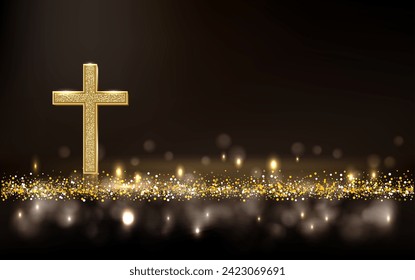 Gold prayer cross realistic vector illustration. Luxurious jewelry, elegant accessory under golden glitter rain. Precious metal jewel on black background. Christian faith, catholic religion symbol