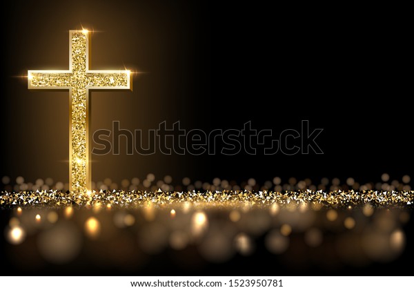 Gold prayer cross realistic vector illustration.
Luxurious jewelry, elegant accessory under golden glitter rain.
Precious metal jewel on black background. Christian faith, catholic
religion symbol