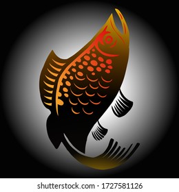 gold predatory fish logo with a radial black background
