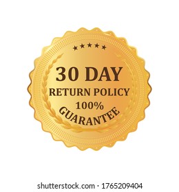 Gold premium 30 Day Return Policy golden label. Gold shiny emblem. Stock vector illustration on white isolated background.