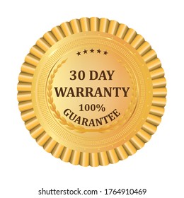 Gold premium 30 Day Warranty golden label. Gold shiny emblem. Stock vector illustration on white isolated background.