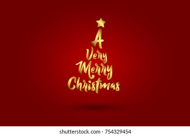 Gold Premium Christmas tree Created from text A Very Merry Christmas on red background, Hand lettering