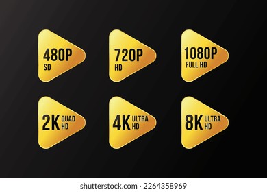 Gold premium media play logo icon triangle shape gradient color. Digital screen led lcd monitor resolution definition set.