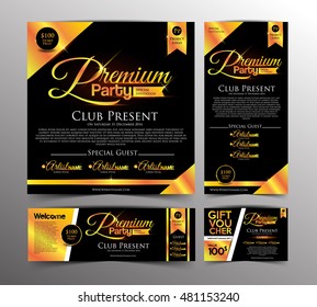 Gold Premium Party Invitation Card, Golden Ticket and Gift Voucher. Design Template. Vector Illustration