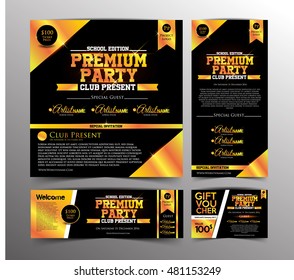Gold Premium Party Invitation Card, Golden Ticket and Gift Voucher in School edition party. Design Template. Vector Illustration