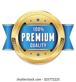 Gold premium quality badge with blue ribbon