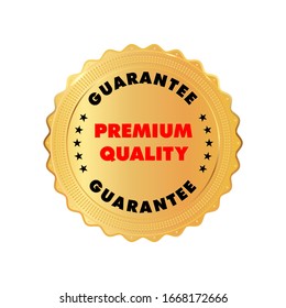 Gold premium quality badge inside gold shiny emblem. Red and black color text. Stock vector illustration on white isolated background.
