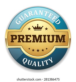 Gold premium quality badge with light blue border on white background