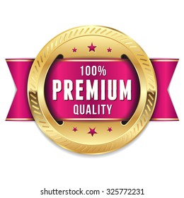 Gold premium quality badge with purple ribbon