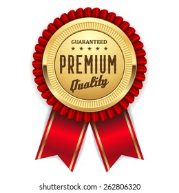 Gold premium quality badge with red ribbon on white background