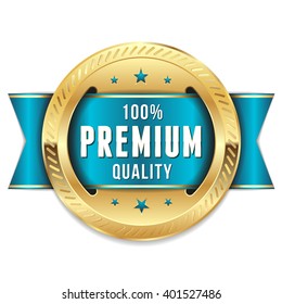 Gold premium quality rosette, badge with blue ribbon on white background