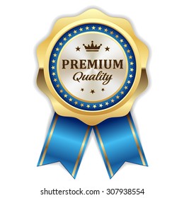 Gold premium quality rosette with blue ribbon on white background