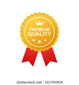 Gold premium quality rosette with red ribbon on white background. Vector stock illustration.