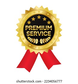 Gold Premium Service stamp medal with Stars, Laurel Wreath and Red Ribbon on white background