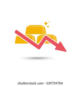 Gold price concept. Gold and arrow falling down symbol. vector illustration.