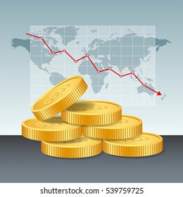 Gold price concept. Golden coins price falling down graph and chart with world map background. vector illustration.
