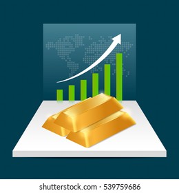Gold price concept. Gold price growing up graph with world map background. Financial markets. vector illustration.