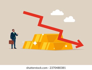 Gold price decrease in trading market investment. Gold bars stacks and red graph chart falling down. Flat vector illustration