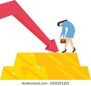 Disminución del Precio de oro en la inversión en el mercado de trading. Las barras de oro se apilan y el gráfico rojo cae hacia abajo. Ilustración vectorial plana


