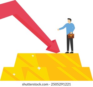 Disminución del Precio de oro en la inversión en el mercado de trading. Las barras de oro se apilan y el gráfico rojo cae hacia abajo. Ilustración vectorial plana


