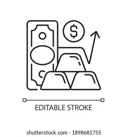 Gold price linear icon. Calculating market value. Establishing gold purity. Metal spot price. Thin line customizable illustration. Contour symbol. Vector isolated outline drawing. Editable stroke