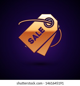 Gold Price tag with an inscription Sale icon isolated on dark blue background. Badge for price. Promo tag discount.  Vector Illustration