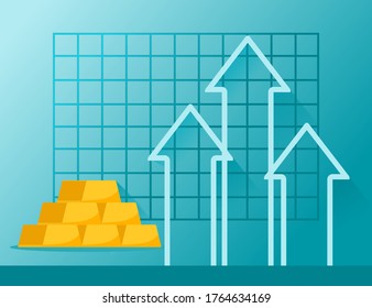 Gold Price Value Stock Market Demand Rise Increase Up Skyrocket Statistic Report with Graph Chart Diagram Illustration Vector. Precious Metal Commodity. Can be Used for Web Infographic & print