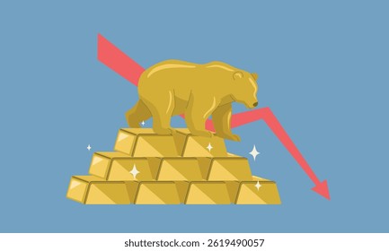 Gold prices fall, The Bearish Market of Gold Investment, Continued investment losses, Global economic volatility, Bear market symbol, Flat vector design illustration.