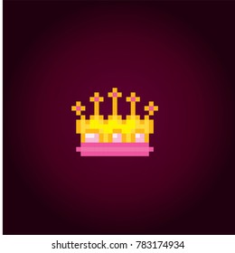 Gold Princess crown icon. Pixel art. Old school computer graphic style. Games elements.
