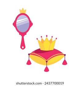 Gold Princess Crown on Pillow with Mirror Vector Illustration