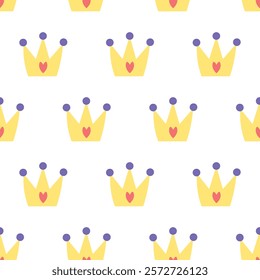 Gold princess crown seamless pattern on white background