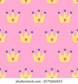 Gold princess crown seamless pattern on pink background