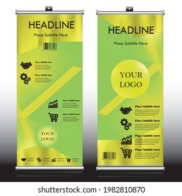 Gold print rollup banner design with sample text placement, CMYK gold color rollup banner template with dummy text, mockup and, dummy icons, standee roll up banner art eps, editable eps with layers