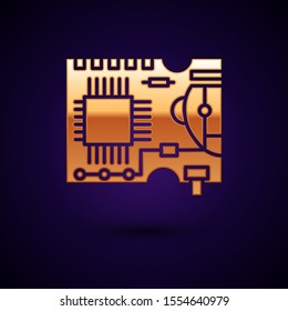 Gold Printed circuit board PCB icon isolated on dark blue background.  Vector Illustration