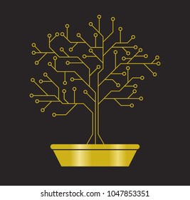 Gold printed circuit like bonsai, abstract electronic scheme