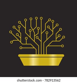 Gold printed circuit like bonsai, brain shape