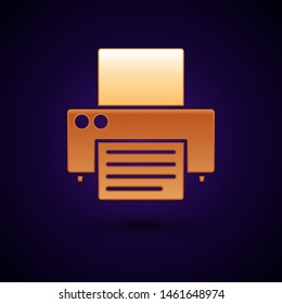 Gold Printer icon isolated on dark blue background.  Vector Illustration
