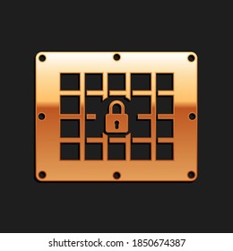 Icono de la ventana de la prisión de oro aislado en fondo negro. Estilo de sombra larga. Vector.