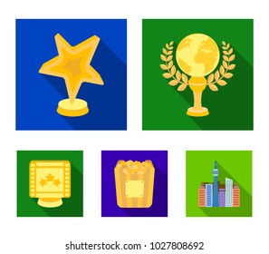 A gold prize in the form of a star, a gold globe and other prizes.Movie awards set collection icons in flat style vector symbol stock illustration web.