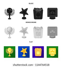 A gold prize in the form of a star, a gold globe and other prizes.Movie awards set collection icons in black, flat, monochrome style vector symbol stock illustration web.