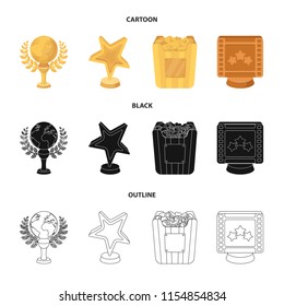 A gold prize in the form of a star, a gold globe and other prizes.Movie awards set collection icons in cartoon,black,outline style vector symbol stock illustration web.