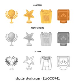 A gold prize in the form of a star, a gold globe and other prizes.Movie awards set collection icons in cartoon,outline,monochrome style vector symbol stock illustration web.
