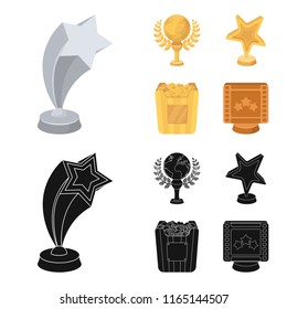 A gold prize in the form of a star, a gold globe and other prizes.Movie awards set collection icons in cartoon,black style vector symbol stock illustration web.