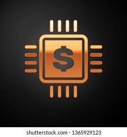 Gold Processor chip with dollar icon isolated on black background. CPU and a dollar sign. Vector Illustration